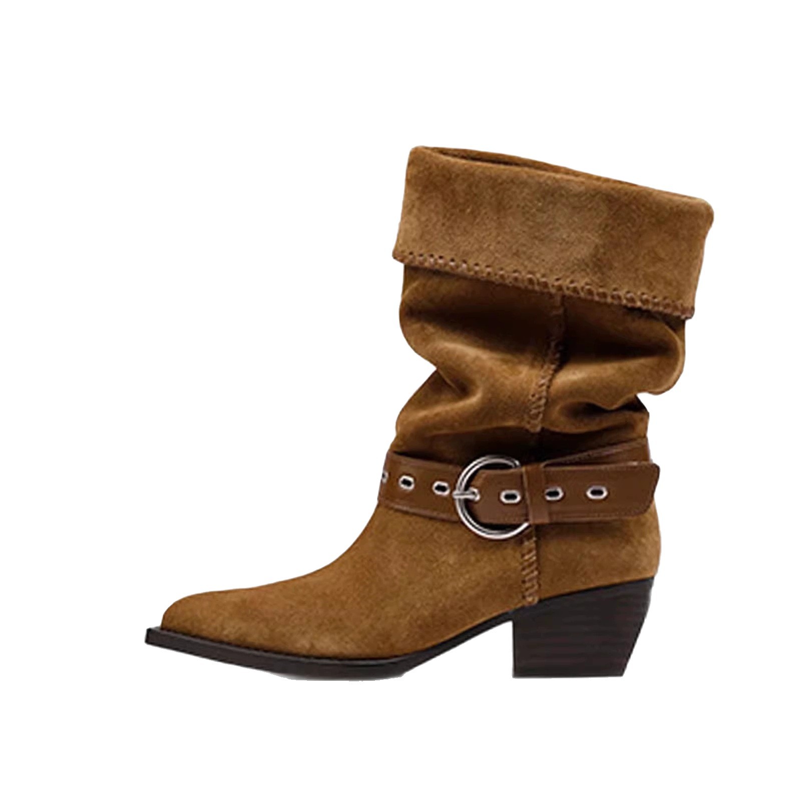 Stivali da equitazione in pelle scamosciata con fibbia, stile western, nuovi arrivi autunno/inverno 2025, larghi, a punta, a metà polpaccio, con tacco spesso, pensati esclusivamente per le donne._voghion.com