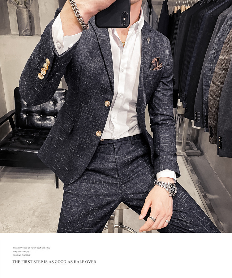 Men's Slim Fit Suit With Dark Pattern Two Button Jacket And Trousers_voghion.com