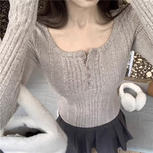 Original Fabric Collar Short-Sleeve Long-Sleeve Autumn/Winter Charming Girl's Knit Button-Front Shoulder-Strapped T-Shirt Underwear Top