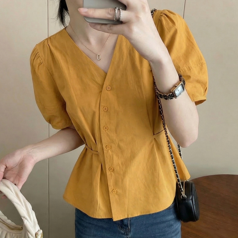 Pumpkin Orange V-Neck Short-Sleeve Shirt for Women, 2026 Spring/Summer New Style, Plus-Size Babydoll Shirt with Cinched Waist