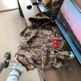 美式复古高街vibe风迷彩连帽卫衣男宽松设计感小众开衫小个子外套