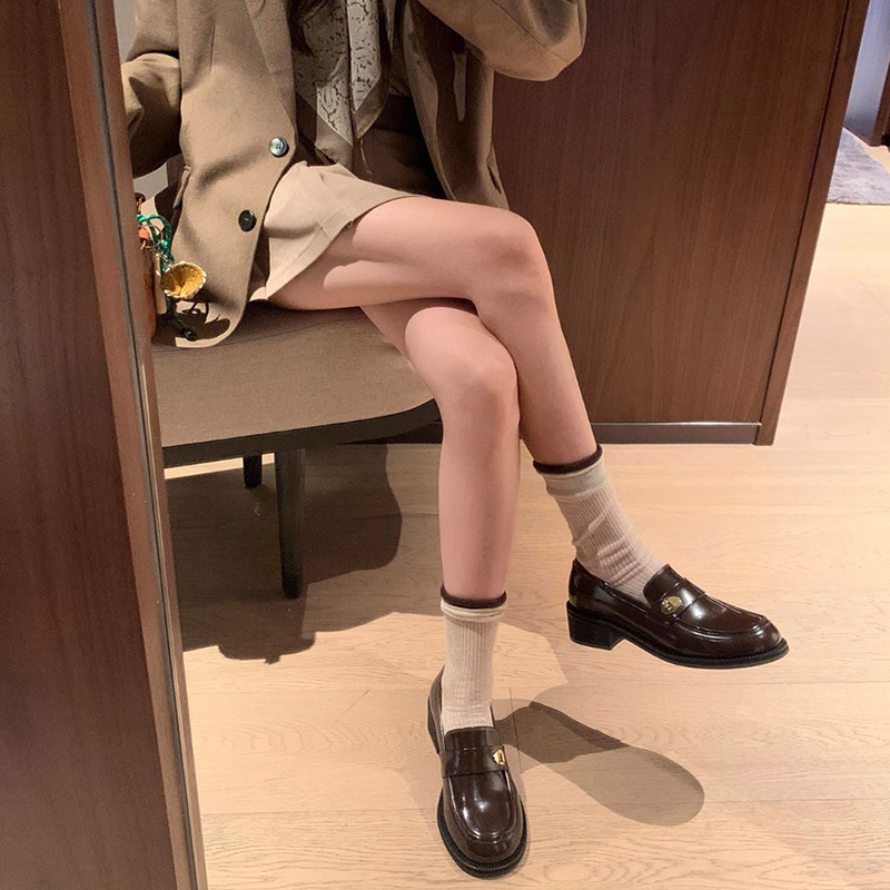 Grape Mom Same Style Cowhide Version ~ Versatile Round Toe Small Gold Buckle Slip-On Chunky Heel Loafers For Women In_voghion.com