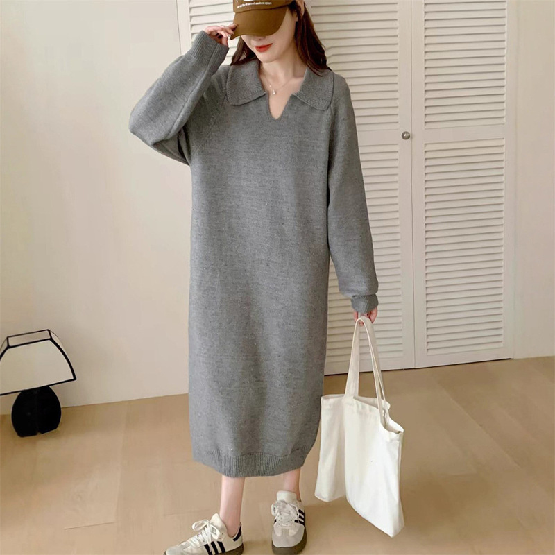 长款配大衣针织连衣裙秋冬新款宽松慵懒polo领打底内搭毛衣裙上衣|undefined
