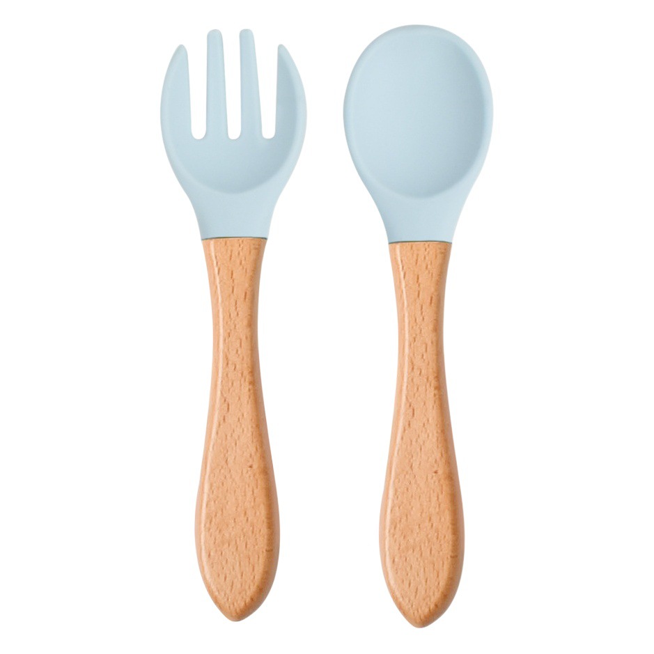 Grado alimenticio mango de madera de los niños cuchara de silicona Tenedor vajilla bebé entrenamiento suplemento alimenticio cuchara bebé alimentación cuchara Tenedor