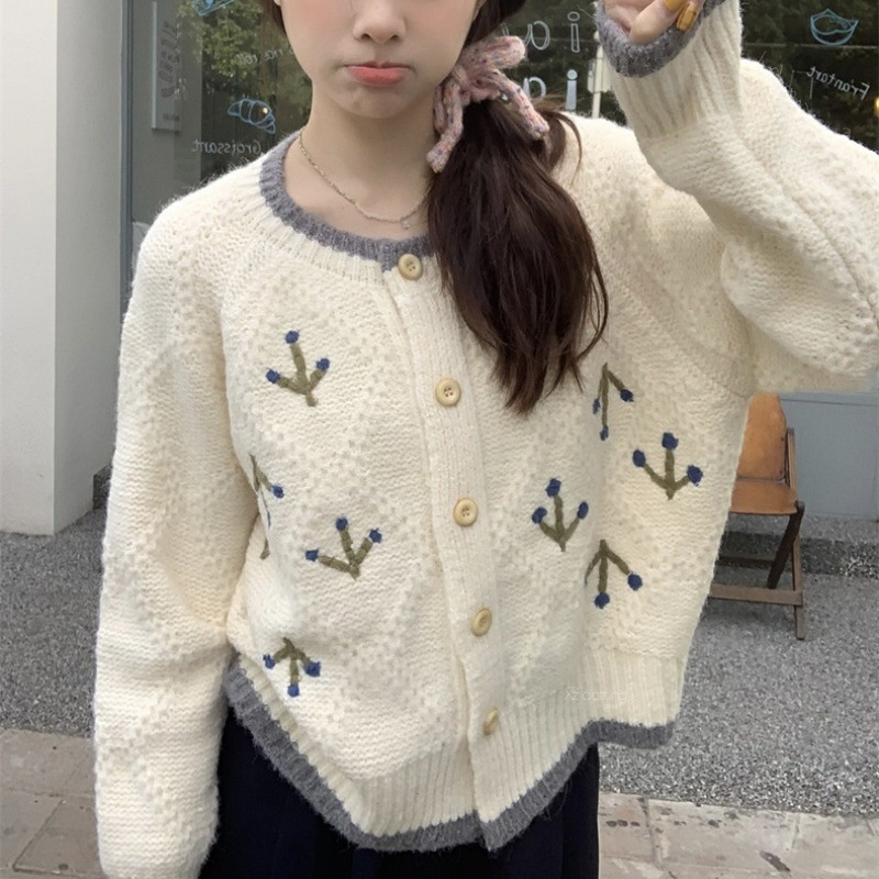 韩系小香风重工小花刺绣针织秋冬新款设计感洋气减龄百搭女士毛衣|undefined