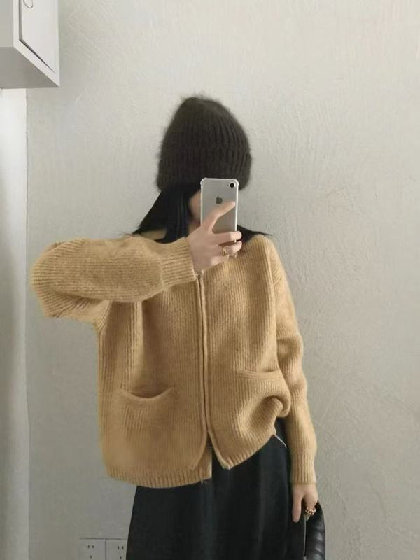 简约时尚高级感毛衣外套女双拉链翻领挺阔感针织开衫韩系穿搭女装|undefined