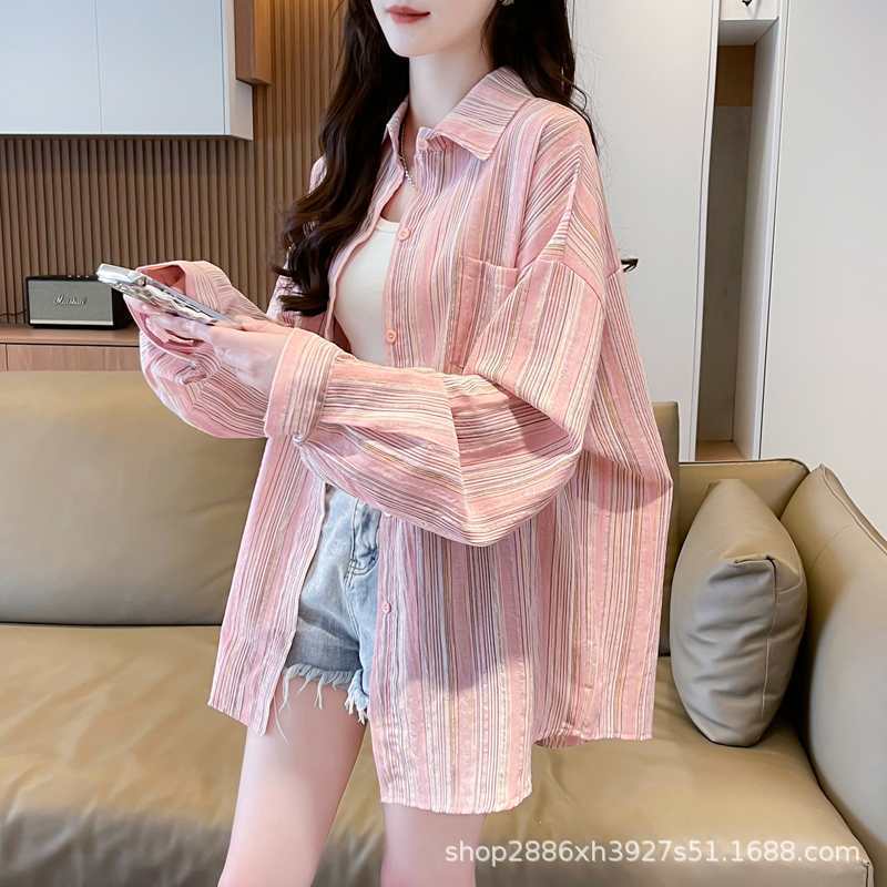 Pink striped shirt for women, summer thin style, 2026 new model, sun-protective cardigan shirt jacket, unique design top