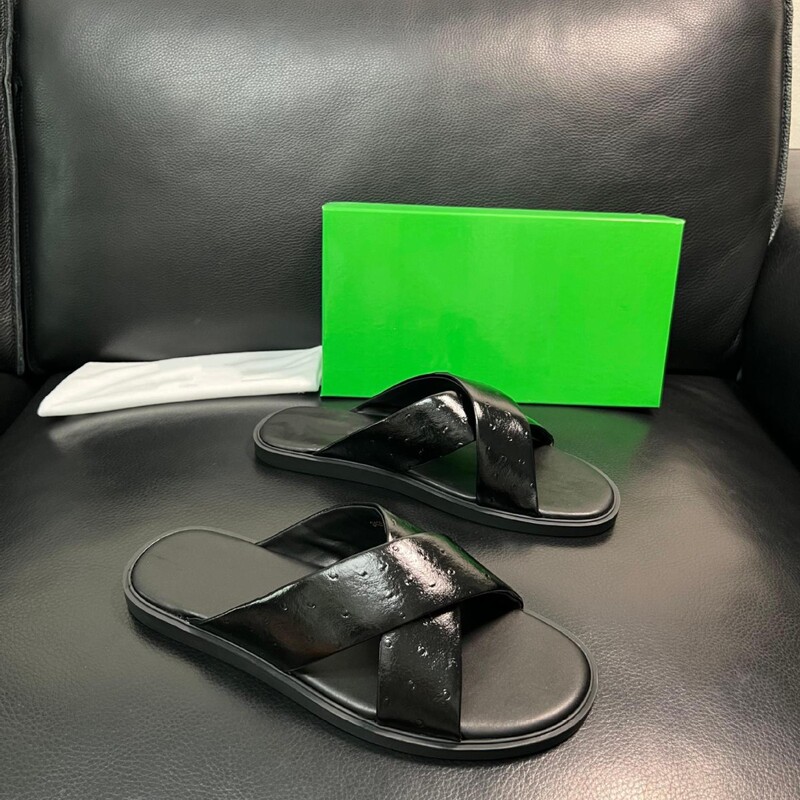 Cross-Border Hot-Selling Genuine Leather Light Luxury Style Slip-On Sandals, Bv Ostrich Pattern Cross-Strap Sandals, Direct Supply from the Factory