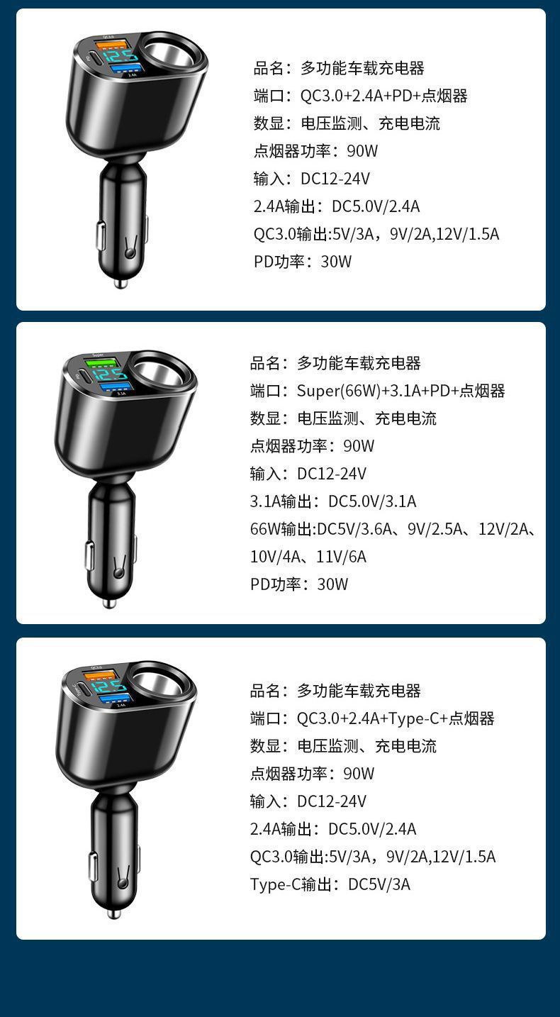 Car-Mounted Super Fast Charging Mobile Phone Charger with Cigarette Lighter Extension Port and Car Charger Adapter