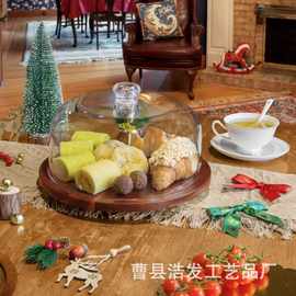 跨境木质可旋转蛋糕托盘玻璃罩水果甜品托盘熟食披萨试吃盘甜品架