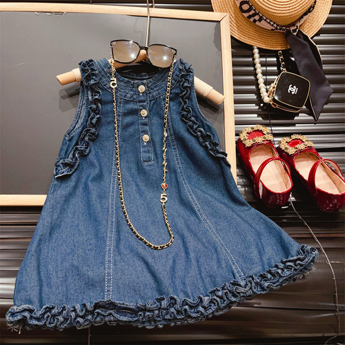 Girls' fungus-edged solid color three-button style classic denim vest dress 2023 new summer dress L576