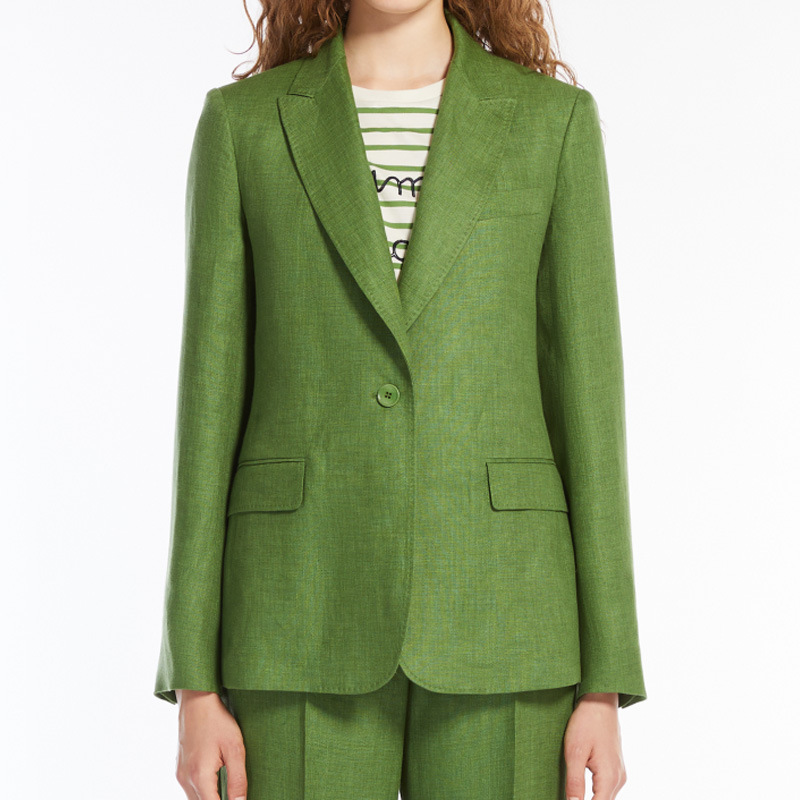 Max2025 New Green Linen One-Button Blazer + Wide-Leg Pants Set Casual and Stylish for Women