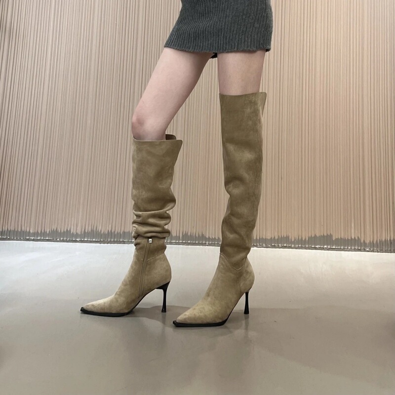 一靴多穿~法式尖头高跟过膝靴子设计感翻领堆堆靴女大筒围长筒靴|undefined