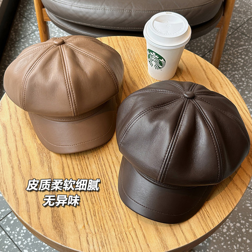 Delicate PU leather octagonal hat for girls, large hat with a small face, small newsboy hat, retro British style painter hat for men