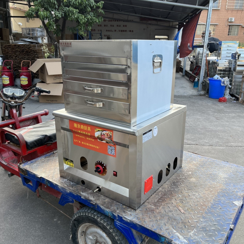 Longjingding modelo de coche de tres ruedas máquina de salchichas de gas vapor comercial multifuncional horno de salchichas de vapor de desayuno cabina completa