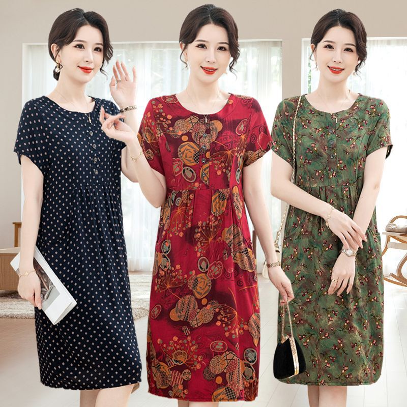 Summer Cotton Silk New Style Over-The-Knee Dress for Middle-Aged and Elderly Women, Mid-Length, Plus Size, Loose Short-Sleeve Dress for 50-60 Year Old Moms Summer Cotton Silk New Style Over-The-Knee Dress for Middle-Aged and Elderly Women, Mid-Length, Plus Size, Loose Short-Sleeve Dress for 50-60 Year Old Moms
