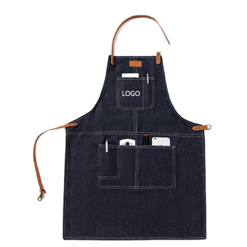 Comercio exterior Denim delantal moda coreana logotipo personalizado restaurante leche té cafetería delantal de trabajo al por mayor personalizado
