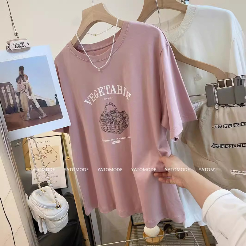 American Retro Flower Basket Print Summer Loose Slimming Look Elegant Niche Cotton Short-Sleeved Bottoming Shirt T-Shirt for Women