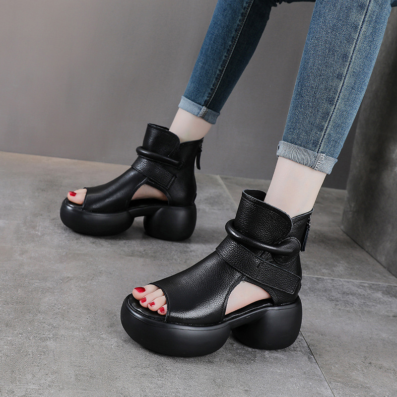 Sandal hở mũi nữ da bò thật đế dày tăng chiều cao khóa kéo — màu đen