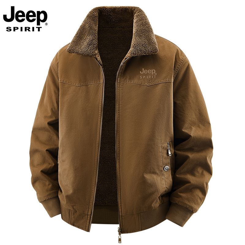 JEEP SPIRIT品牌羊羔绒外套男秋冬季加绒加厚棉衣军绿驼色棕色米|undefined