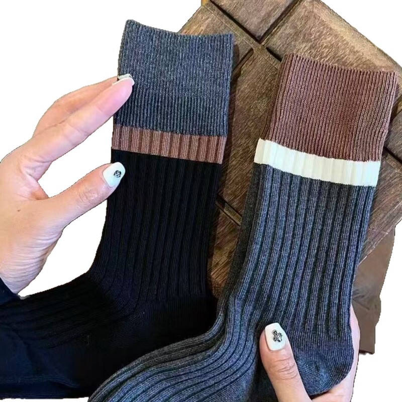 现货秋冬季女袜子韩系长筒堆堆袜日系复古撞色条纹中长筒袜韩版|undefined