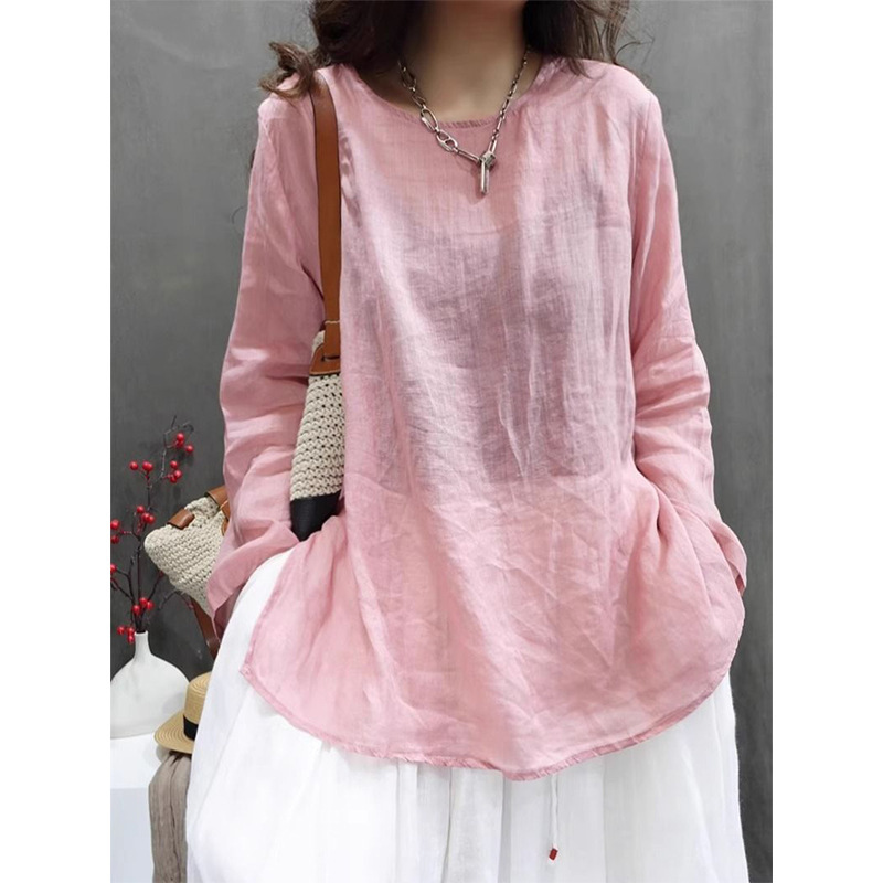 Literary Loose Cotton and Linen Round Neck Long-Sleeved T-Shirt Women's 2025 Spring and Summer New Style Light and Medium-Length Pullover Top Literary Loose Cotton and Linen Round Neck Long-Sleeved T-Shirt Women's 2025 Spring and Summer New Style Light and Medium-Length Pullover Top