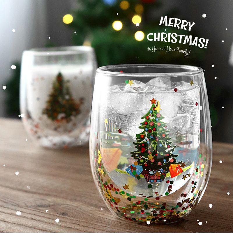 Taza navideña transparente para árbol de Navidad, taza de vidrio de doble capa, regalo creativo, taza navideña de vidrio de borosilicato alto, taza navideña creativa