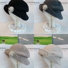 グレーの折り返しウール漁師帽、女性用、秋冬、韓国風、プリーツ加工、広いつば、大きな頭囲、多用途、ニット、フレンチスタイルの帽子