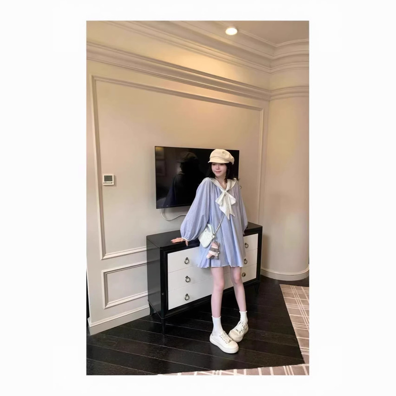 Navy Style Striped Sweet Dress for Women, Autumn 2026 New Trendy Ins Korean Fashion Slim and Cute Dress