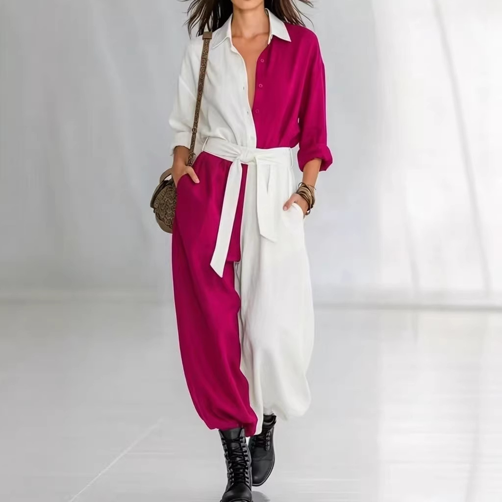 Damenbekleidung Frühlingsmode: Einfarbiger Patchwork-Jumpsuit mit langen Ärmeln und Bindeband für Damen_voghion.com