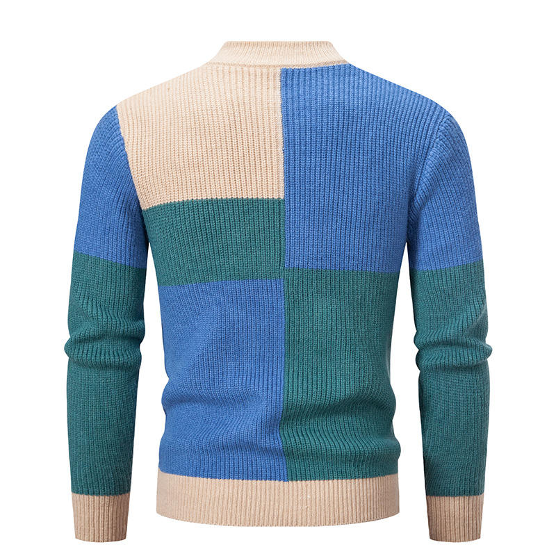 Vintage-Inspired Contrast Color Mock Neck Sweater For Men - Breathable Knit Pullover With Slim Fit, Soft Textured Fabric For Casual Wear_voghion.com
