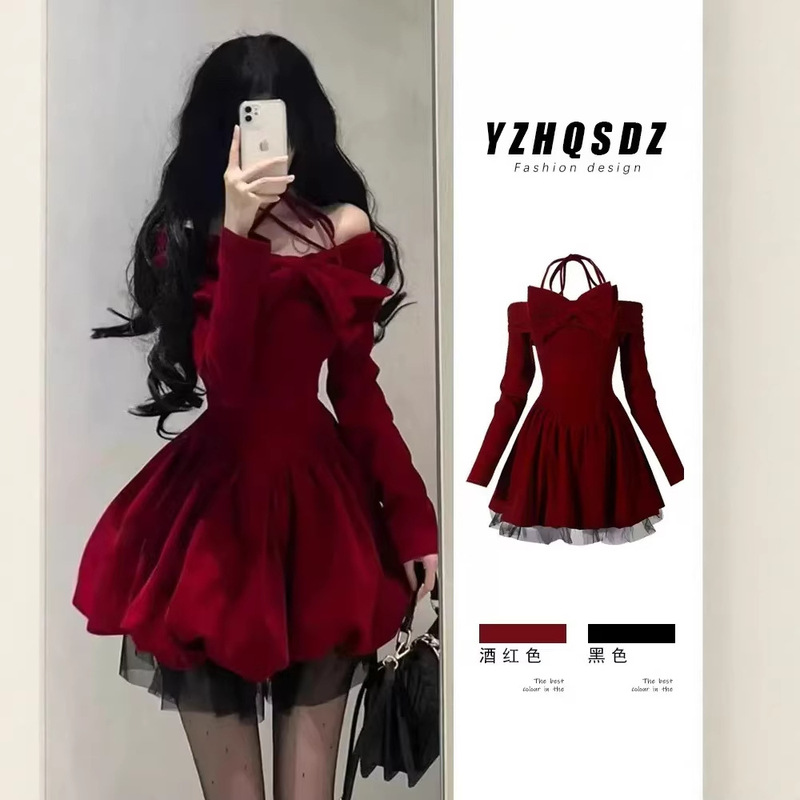 Tipsy Duo Halter Velvet Dress Women's Autumn and Winter Bottoming Skirt Red Christmas New Year Shirt Skirt Tipsy Duo Halter Velvet Dress Women's Autumn and Winter Bottoming Skirt Red Christmas New Year Shirt Skirt