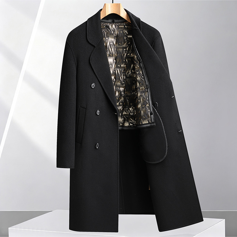 Autumn and winter men's double-sided wool coat, long over-the-knee, with graphene heating, removable white duck down lining, wool coat for men