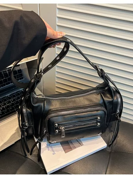 Cross-Border Niche High-End Motorcycle-Style Bag for Women, Vintage Versatile Multi-Pocket Double-Handle Bag, Single Shoulder Crossbody Bag, 2026 New Model