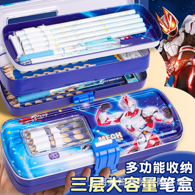 Estudiantes de primaria masculinos de tres capas caja de papelería de hierro caja de lápiz de estaño creativa caja de dibujos animados robot multiplicación caja de lápiz