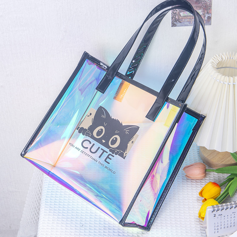 简约黑小猫时尚女士手提袋百搭防水炫彩镭射镜面PVC果冻包单肩包