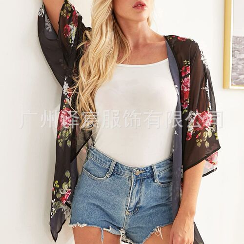 Women's European and American Large Size Chiffon Cardigan Top, Beach Cover-up, Sun Shirt, Printed