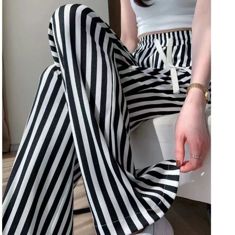 Ice Silk Wide Leg Pants 2025 New Women's Slimming High Waist Straight Summer Loose Fashionable Black and White Stripe Casual Pants