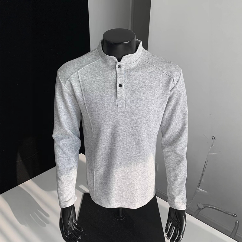 Light Gray Spliced Deconstructed Henley Collar T-Shirt for Men, Spring and Autumn American Style Trendy Versatile Loose Polo Base Shirt Top