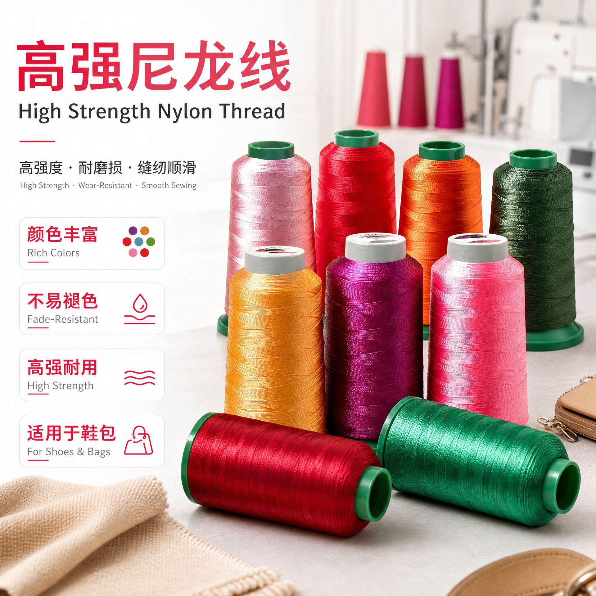 高强尼龙线涤纶缝纫机线皮革皮包帐篷加工手袋箱包线不散股七彩