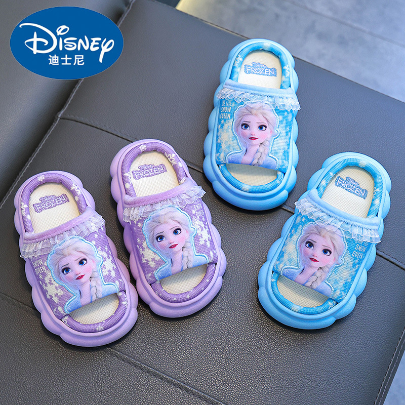 Princesa Elsa zapatillas de lino para niños primavera y otoño casa antideslizante niñas Four Seasons bebé algodón y lino sandalias transpirables verano