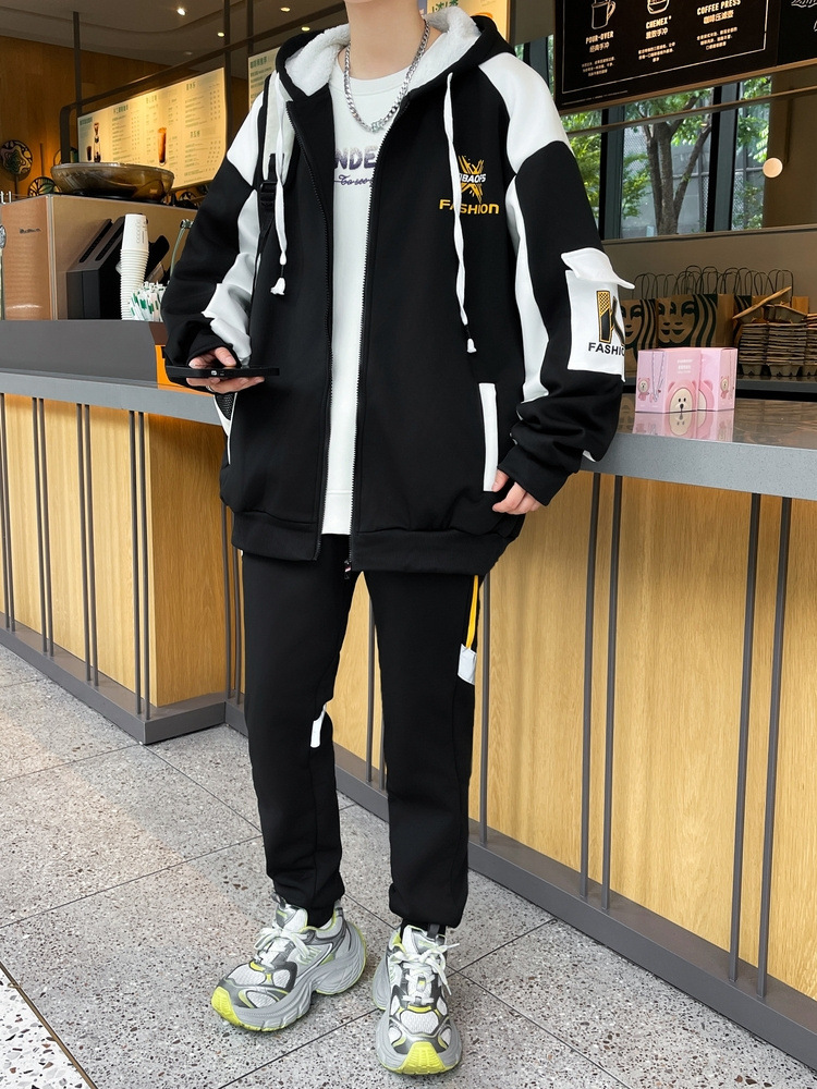 Conjunto de sudadera gruesa con forro polar para otoño e invierno, nuevo estilo para adolescentes, conjunto deportivo informal, moderno y elegante de dos piezas para estudiantes.