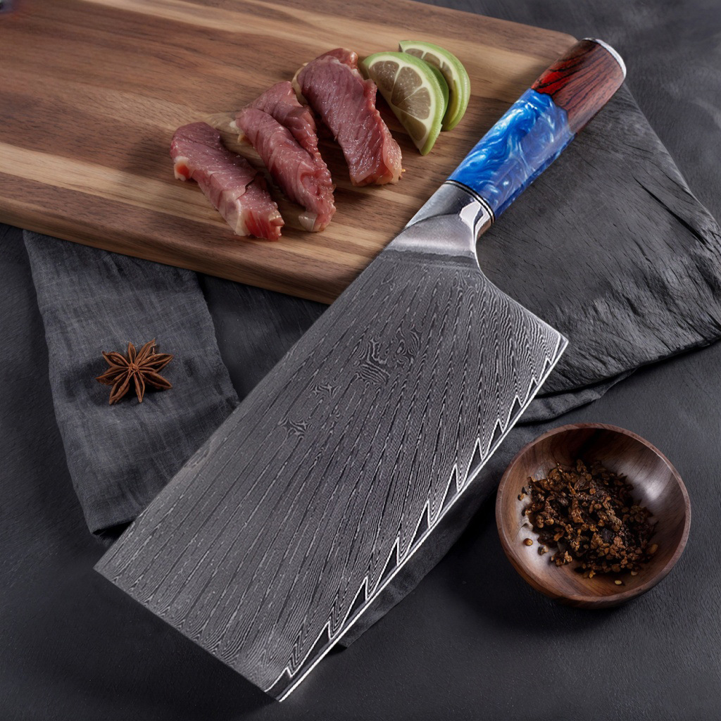 Vg10 Damascus Steel Kitchen Knife Resin Stabilized Wooden Handle Household Kitchen Slicing Knife Sharp Vegetable and Meat Cutting Knife