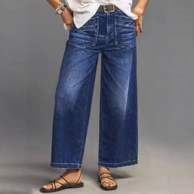 Jeans de Pierna Ancha para Mujer de Mezclilla de Algodón, Cintura Media y Corte Relajado