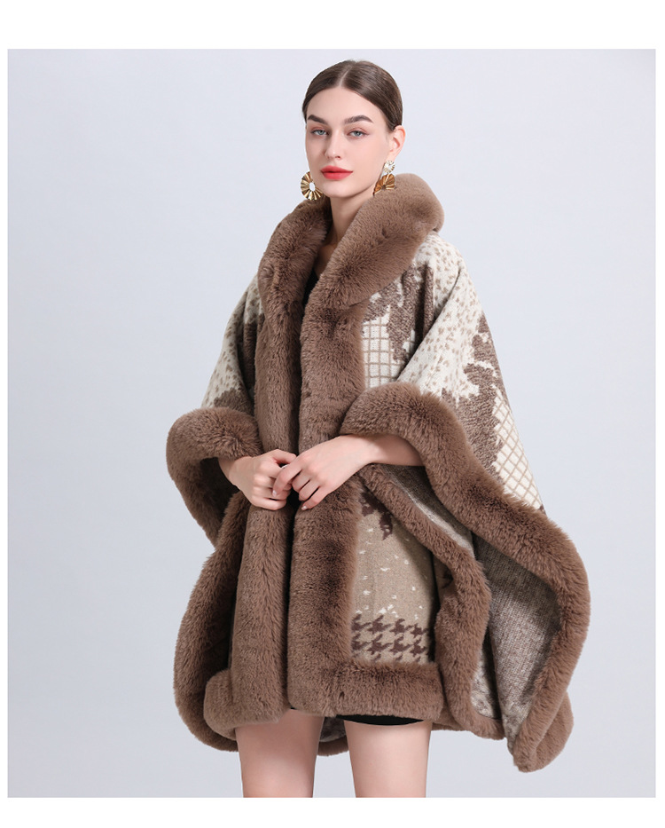 Jacquard Fransen Kapuzenumhang Cape locker gestrickte Strickjacke Übergröße Wollmantel_voghion.com