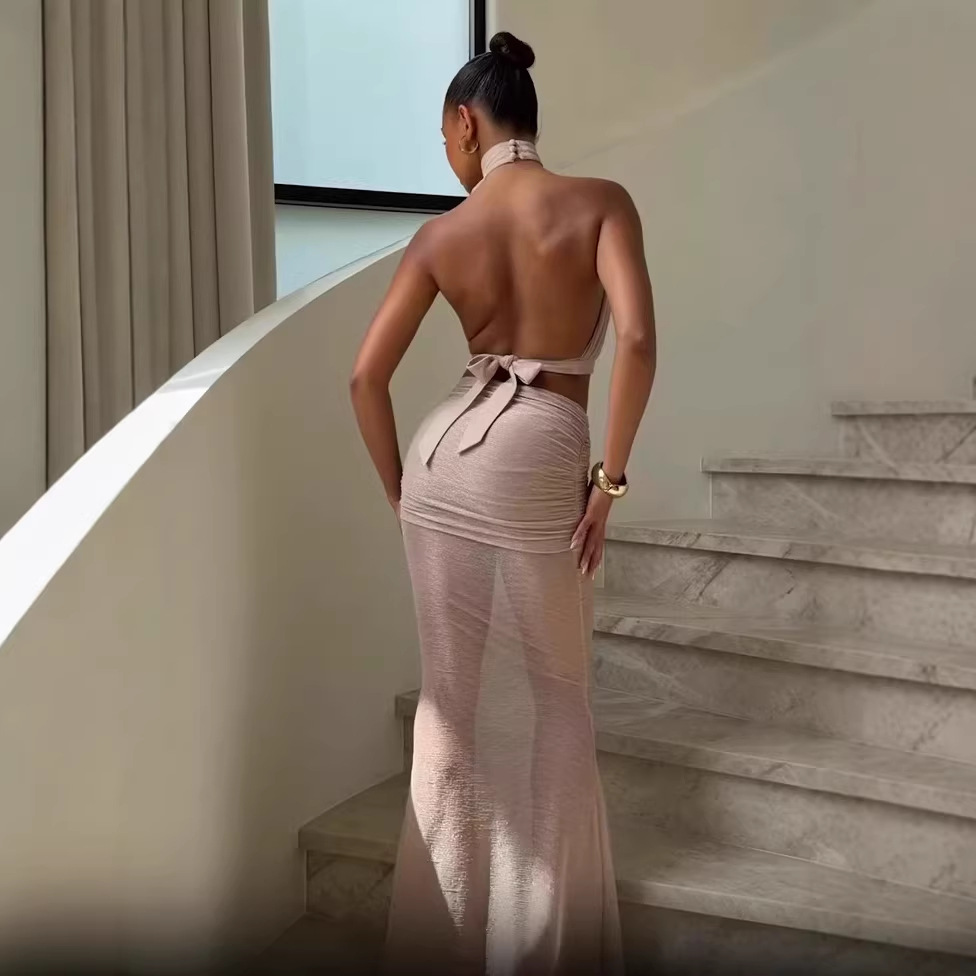 Women's Clothing Women's Sleeveless Halter Neck Glitter Mesh Pleated Skirt Set Sexy Fashion Top Bottoms Combo_ecoleips.com