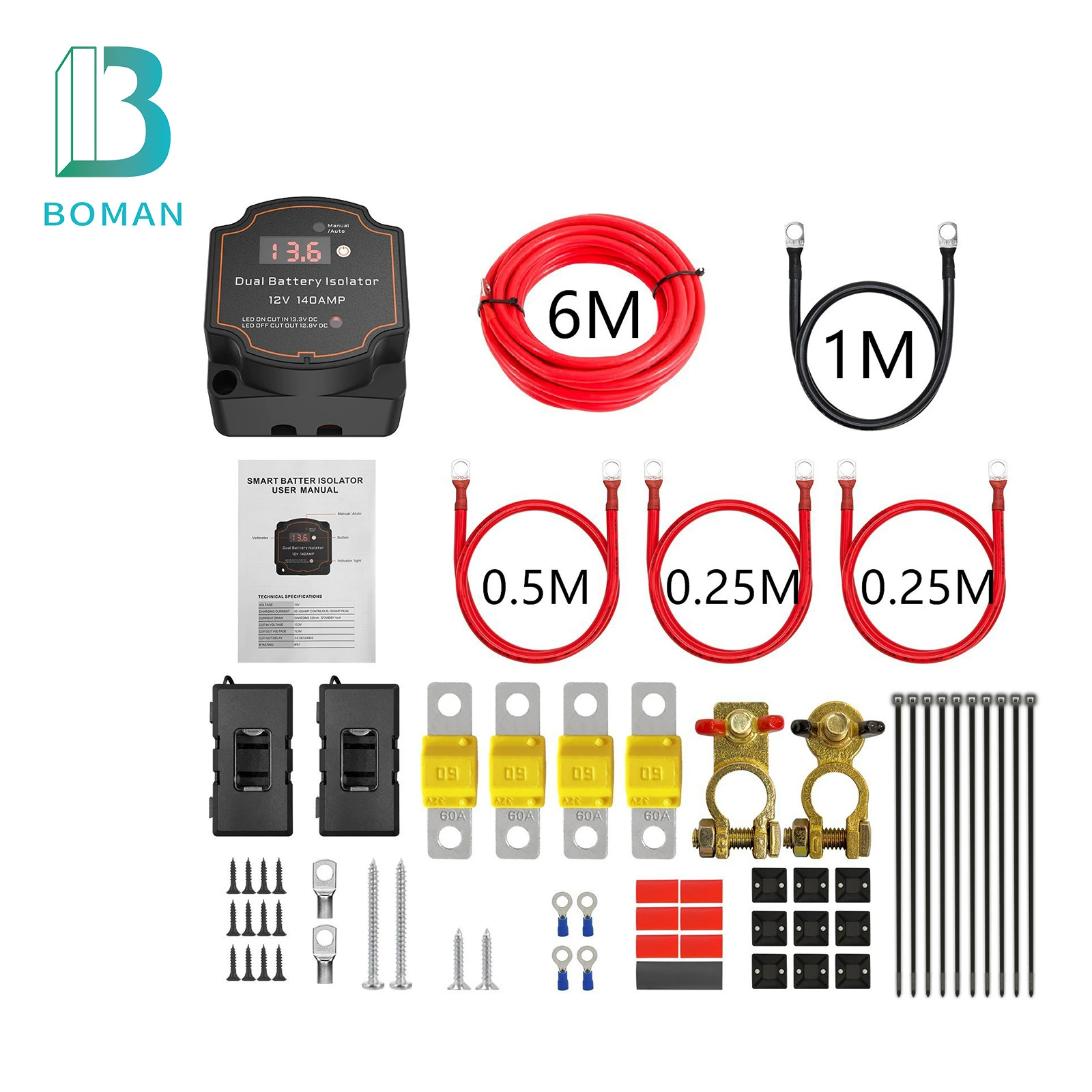 Комплект двойного изолятора для аккумуляторов 12V140A, 3.5m VSR с вольтметром, интеллектуальный цифровой дисплей, двойной изолятор для аккумуляторов