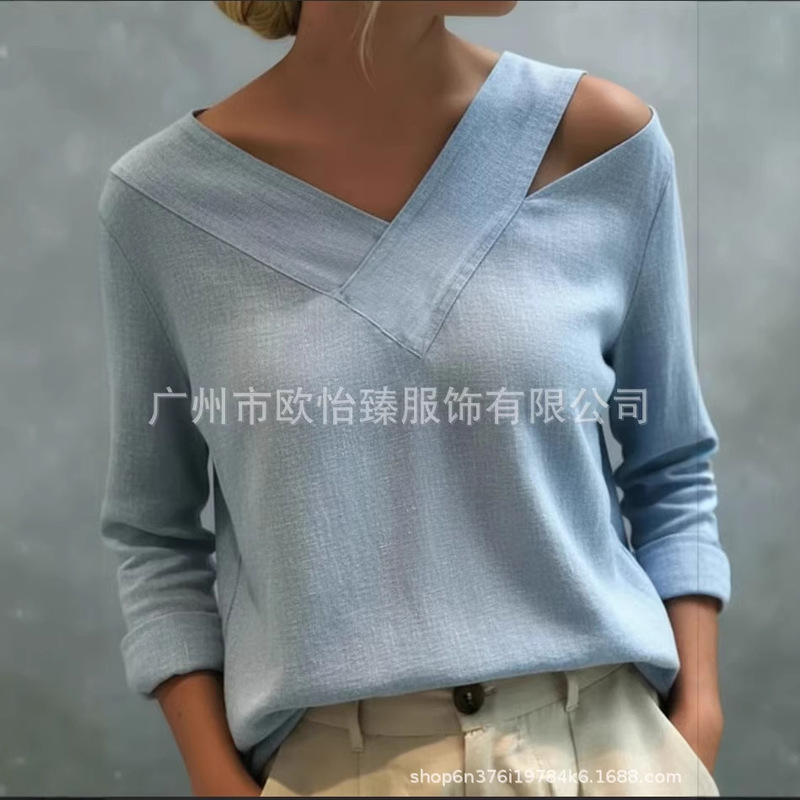 European and American Independent Websites Amazon Aliexpress 2026 Spring New Elegant Off-Shoulder V-Neck Solid Color Long-Sleeve Top European and American Independent Websites Amazon Aliexpress 2026 Spring New Elegant Off-Shoulder V-Neck Solid Color Long-Sleeve Top