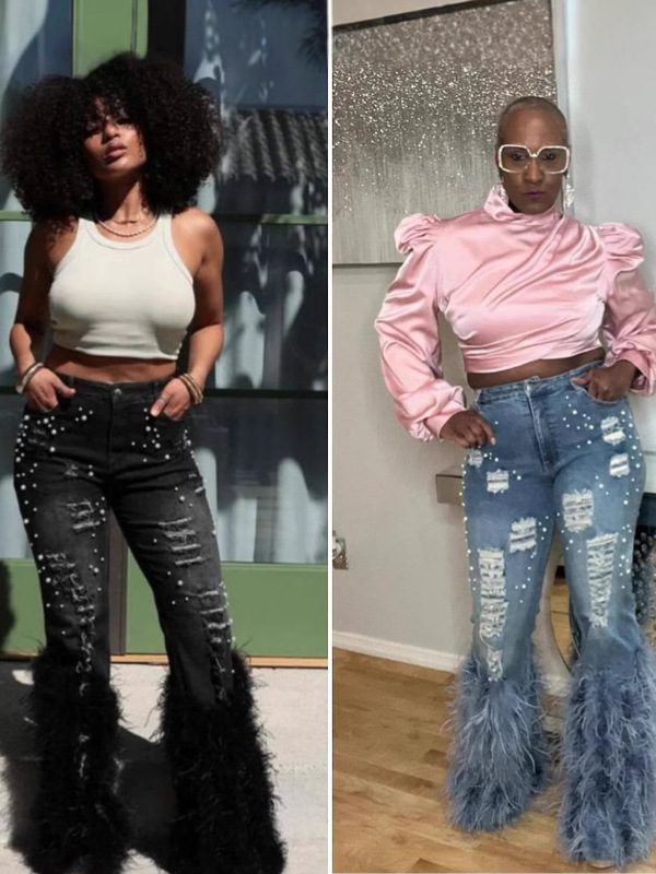 Cross-Border 2024 Independent Site Amazon New European and American Versatile High-Waisted Distressed Pearl Embellished Feather Jeans for Women