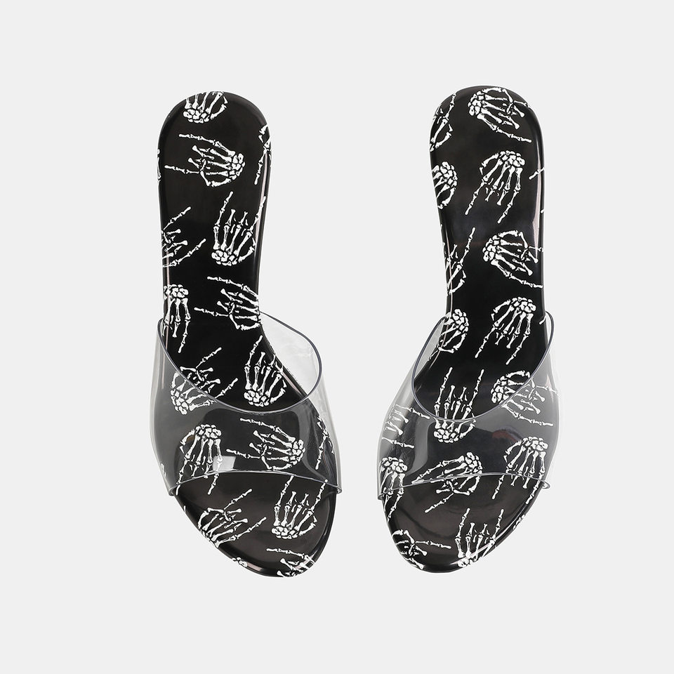 Dép sandal nữ quai ngang mũi hở, đế mỏng gót nhọn cao trên 8 cm, phối họa tiết trong suốt — Màu xanh da trời, trắng, đen chi tiết 9